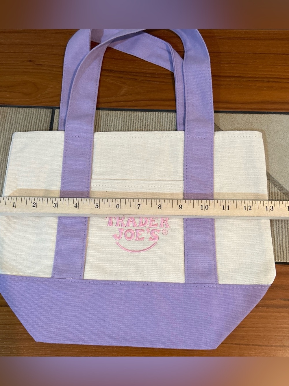 Upcycled Trader Joe's Lavender Trim Canvas Tote - 'Howdy' Patch Design - Picture 4 of 5